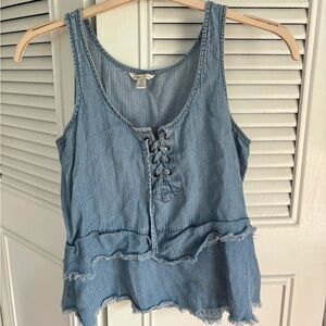 Blue denim tank top with lace up detail on the front #laceup